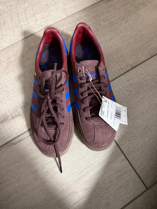 adidas Burgundy Suede Sneakers with Blue Stripes and Red Collar - Picture 2 of 3